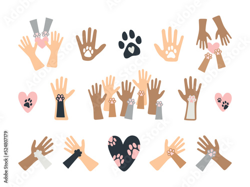 Set human hands and pet paws love illustrations. International Homeless Animals Day. Cute icons - pet paw, human hand, hear shape, etc. World pets day decorative elements