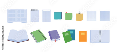 School supplies flat design. Vector set of elements with stationery and school supplies. Back to school. Office and education equipment - book, notebook, paper stickers, notepad and etc.