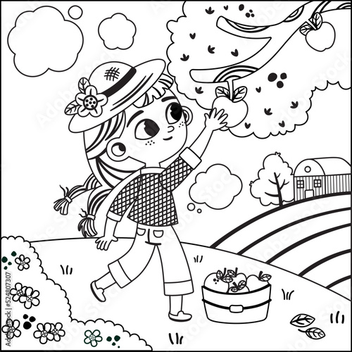 Little girl is picking red apples in a farm. Black and white vector illustration.