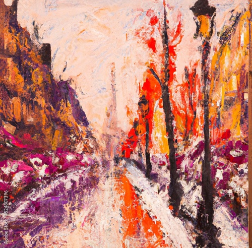 Oil painting in impressionism modern style old beautiful Paris street. Art print for poster, card, canvas, cover, banner, fabric.