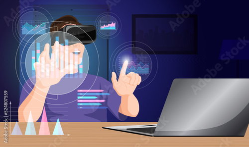 Man in vr trading with laptop. Officemanager analyzing infographics with virtual reality app. Digital technologies work in 3d market hologram datas, stocks, financial graphs, bars. Vector illustration