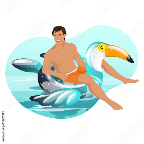 Smiling young man, boy swimming on inflatable swimming circle. Guy in water float ring, tube form of toucan bird for pool party, sea hotel relax, spa, ocean beach, recreation icon. Vector illustration