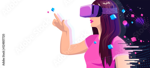 Woman in vr headset playing, gaming in 3d virtual reality space. Girl in pink touch by finger abstract hologram cube. Digital technologies modern graphic design augmented universe. Vector illustration