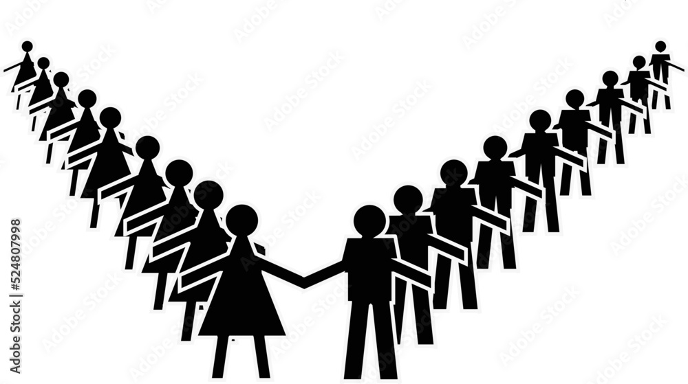 Silhouettes d'hommes et femmes se tenant par la main formant un V sur fond  blanc et emplacement de texte