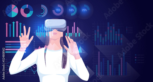 Woman in vr headset working with infographics. Digital technologies virtual reality business finance with 3d market holograms financial data, stocks, graphs, bars, diagram, circle. Vector illustration