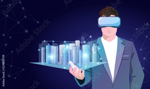 Man in vr glasses holds in hand hologram of cityscape buildings, downtown, skyscrapers. Augmented concept office skyline, digital technology business city network virtual reality. Vector illustration