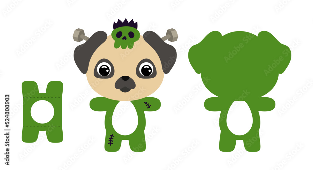 Obraz premium Cute die cut Halloween pug dog chocolate egg holder template. Cartoon animal character in a monster costume. Retail paper box for the easter egg. Printable color scheme. Vector stock illustration