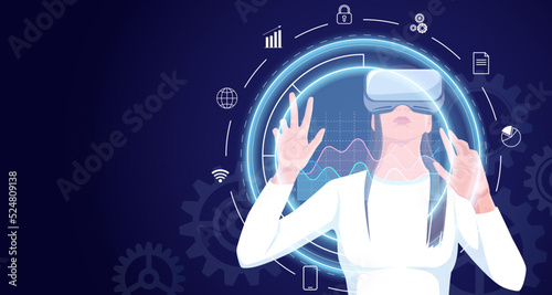 Woman in vr glasses, headset work with circle infographic hologram. Augmented virtual reality blockchain data. Digital technology network metaverse. Programmer in cyber office app. Vector illustration