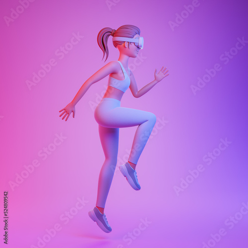 Fototapeta Naklejka Na Ścianę i Meble -  Beautiful cartoon character woman white sportswear doing fitness exercises in virtual reality goggles over pink neon light background.