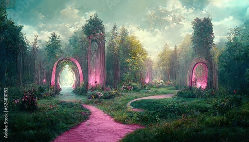Different portals waiting for adventurer in green forest photo