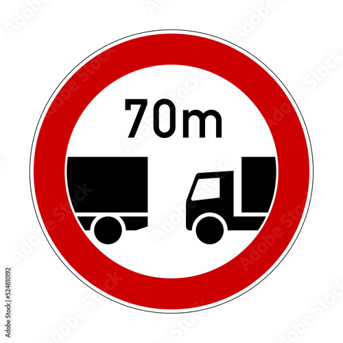 Minimum following distance road sign. Vector illustration of red circular mandatory traffic sign with two truck icon inside. Safe distance between vehicles. Safety symbol isolated on white background.