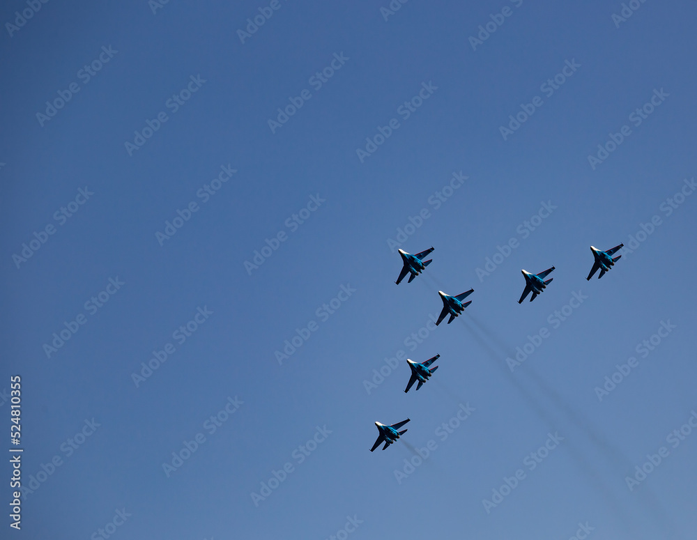 A group of MIG-29 fighters at the celebration of the day of the city of Novorossiysk in 2021 in summer