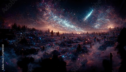 Dark old forest with flaring lights under sky full of stars