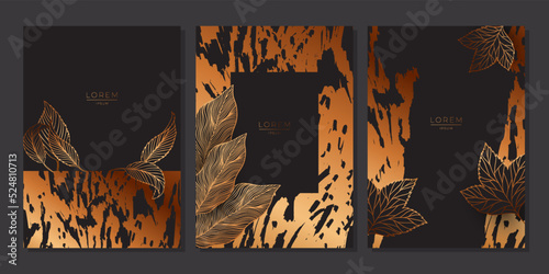 Set of luxury template with bronze scribble texture and autumn leaves with veins on black background. Artistic covers design, poster, banner