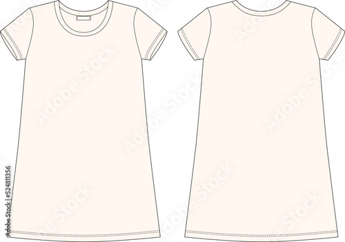 Cotton chemise technical sketch. Light milk color. Nightdress for woman. Sleepwear CAD mockup. Back and front view.