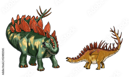 Herbivorous dinosaurs - Stegosaurus and Kentrosaurus. Dino digital drawing.  © Lunstream