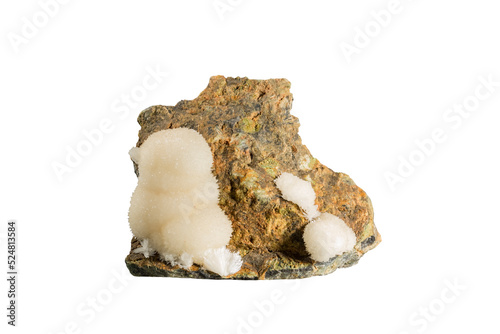 A sample of a natural mineral Aragonite (carbonate class) white spherolites on serpentinite calcium carbonate polymorph. Museum Mineral Series. Mineralogical sample isolated on a white background photo
