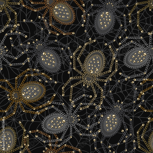 Seamless pattern with spiders made of metallic jewelry chain, ball beads, buttons, thin spiderweb behind. Gothic gloomy decoration for Halloween holiday. Random chaotic composition.