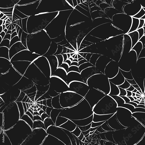 Halloween seamless pattern with stretched torn spider web in grunge style. Black background and white cobweb. Grunge paint brush strokes. Seamless vector background.