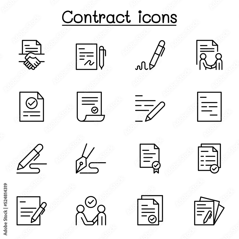 Contract icon set in thin line style Stock Vector | Adobe Stock