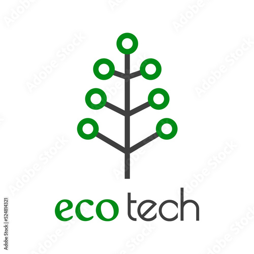 Logo con texto Eco Tech con silueta de árbol con circuito digital con líneas en color verde y negro