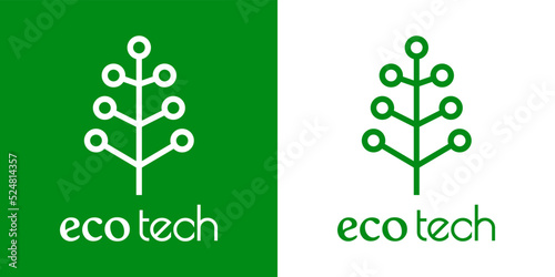 Logo con texto Eco Tech con silueta de árbol con circuito digital con líneas en fondo verde y fondo blanco