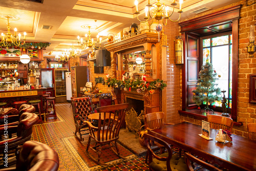 Luxurious interior of traditional English restaurant