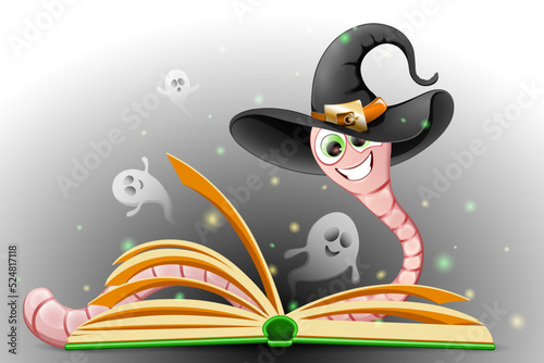 Cute cartoon Funny bookworm in Witch hat reading magic book with flying ghosts. Halloween concept 