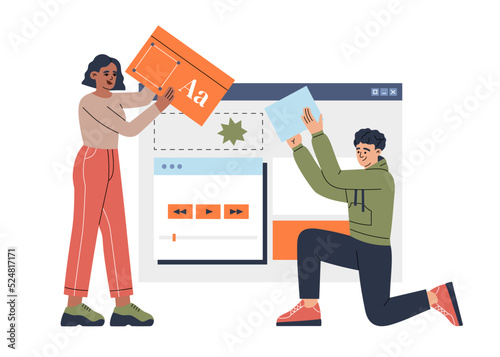 Young man and girl are engaged in web design of websites and mobile apps. UI, UX design, interface creating. Hand drawn vector illustration isolated on light background, modern flat cartoon style