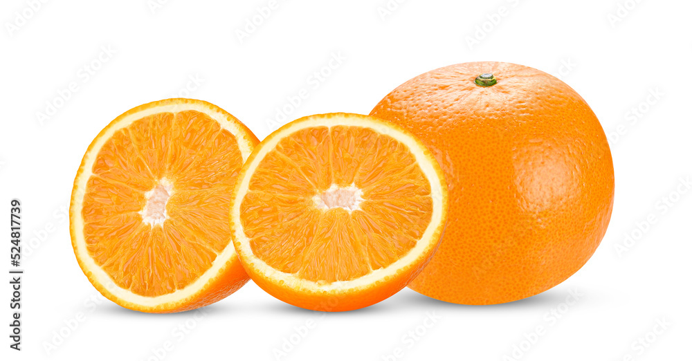 Whole and slices of orange fruit isolated on white background. Whole and slices of orange fruit isolated on white background.
