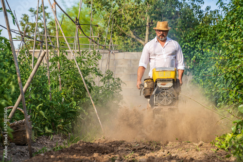 Senior farmer using motor cultivator near tomato trees in garden photo