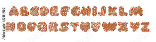 Gingerbread alphabet. Creative gingerbread typography design. Biscuit traditional decorative alphabet. Christmas Cookie font.