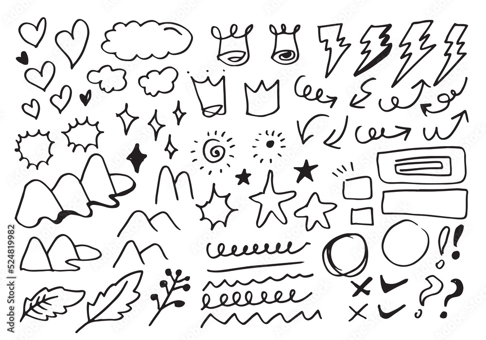 Hand drawn doodle design elements, black on white background. emphasis, Arrow, crown, line, hill. doodle sketch design elements Hand drawn doodle design elements, black on white background. emphasis, Arrow, crown, line, hill. doodle sketch design elements