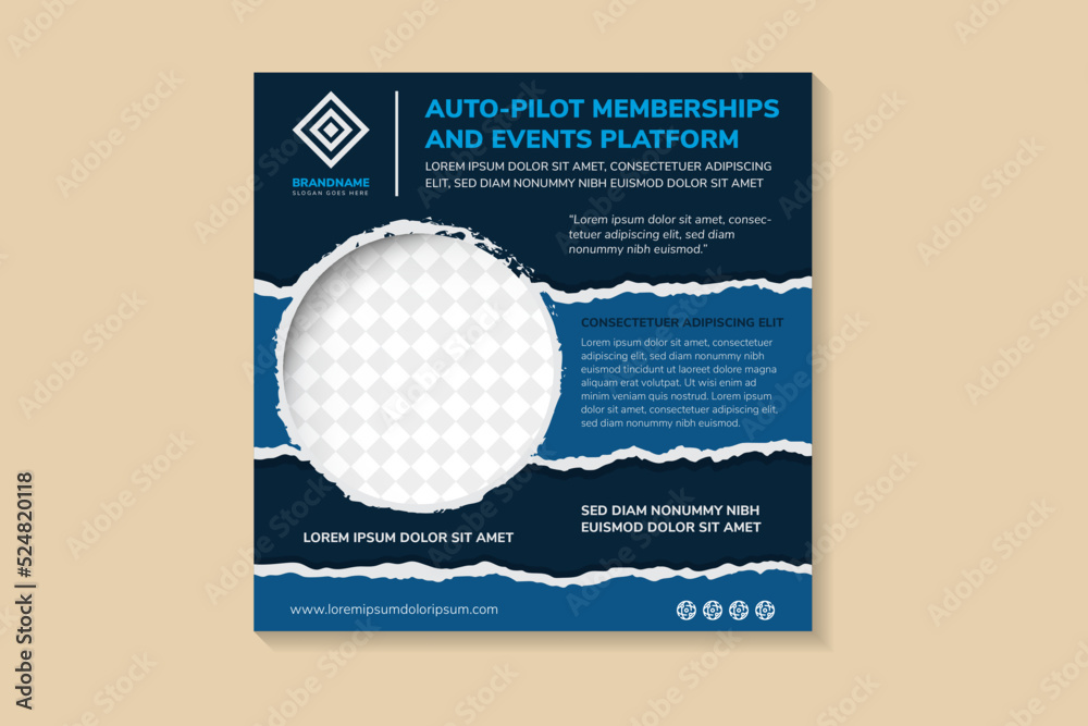 brush circle element on space for photo collage with ripped paper effect of auto pilot memberships and events platform banner social media template premium vector. Torn paper and flat blue background