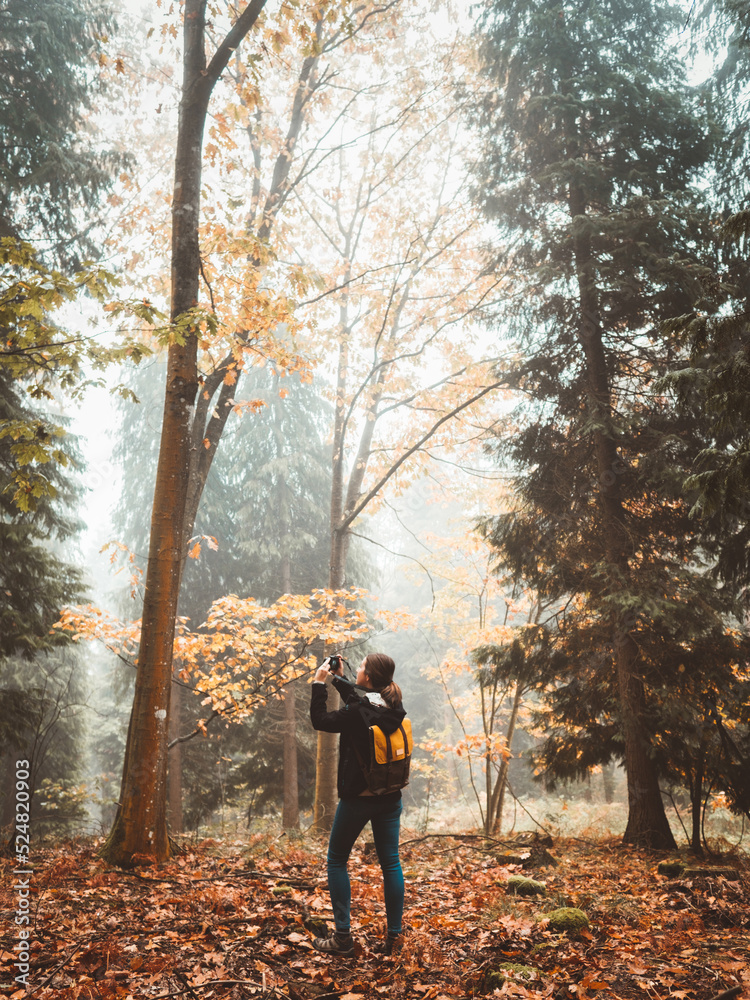 Woman exploring a foggy forest and taking photos with compact camera Woman exploring a foggy forest and taking photos with compact camera
