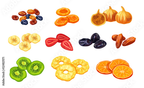 Set of different tasty dried fruits isolated on a white background. Vector illustration of raisin, dried apricots, figs, banana, strawberries, prunes, dates, kiwi, pineapple and orange.	