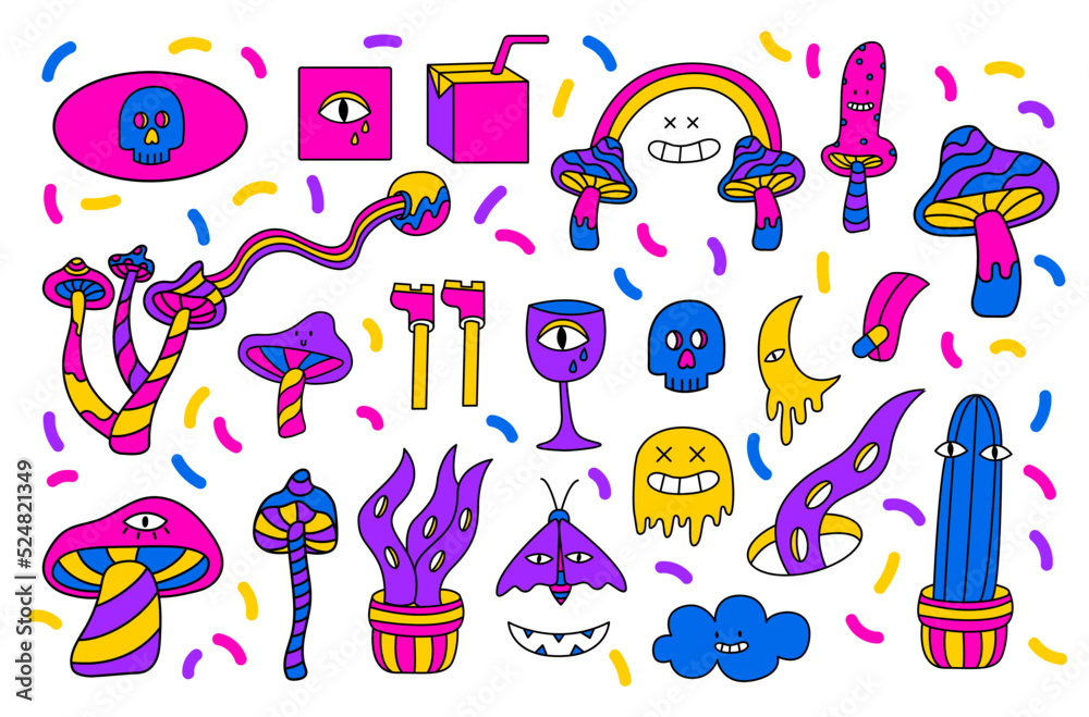 Psychedelic trippy vector doodle set of illustrations. Mushrooms,eye, smiles, skull.Crazy hallucination prints. Psychedelic stickers. Trippy 70s