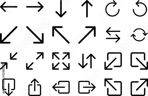 Set of 24 arrow icons in linear style. Black and white isolated vectors. All directions, box-arrows, circle-arrows.