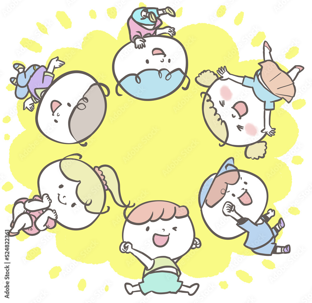 《元気ポーズのこどもシリーズ》円になって楽しくダンスするようにはしゃぐ子どもたち　バストアップバージョン4