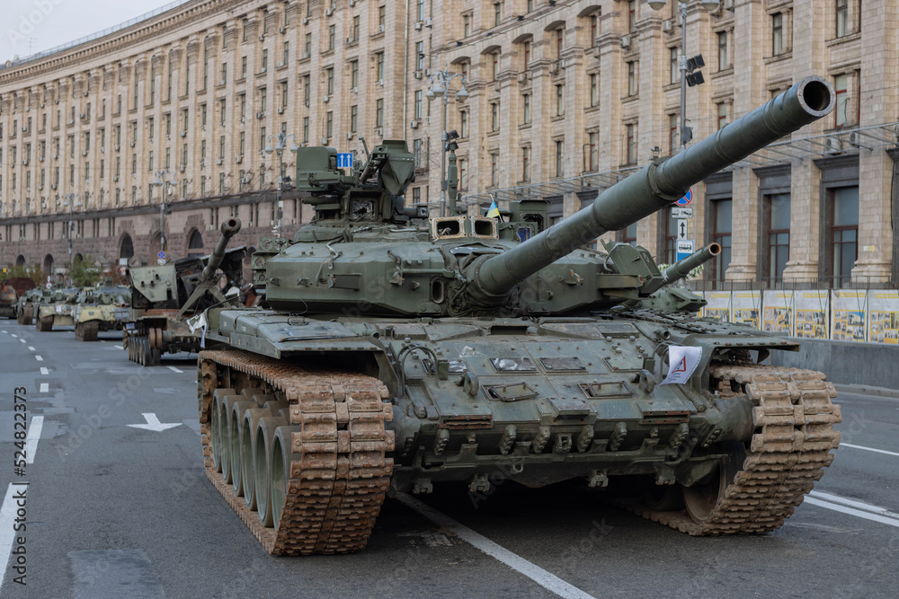 Destroyed Russian military equipment in the center of Kyiv on Khreschatyk. Parade of destroyed Russian tanks on the day of independence of Ukraine Destroyed Russian military equipment in the center of Kyiv on Khreschatyk. Parade of destroyed Russian tanks on the day of independence of Ukraine