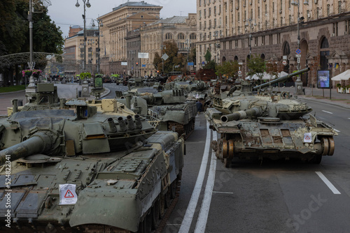 Destroyed Russian military equipment in the center of Kyiv on Khreschatyk. Parade of destroyed Russian tanks on the day of independence of Ukraine