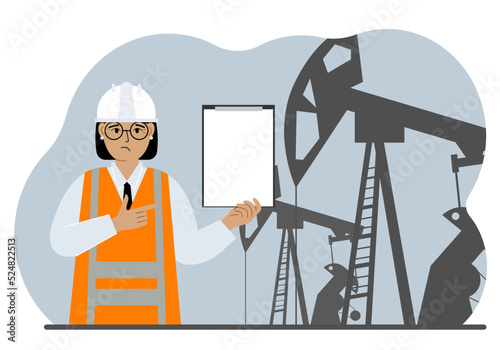 A female refinery engineer worker uses a tableted oil pumping unit. Energy industrial zone, oil drilling. Vector flat illustration