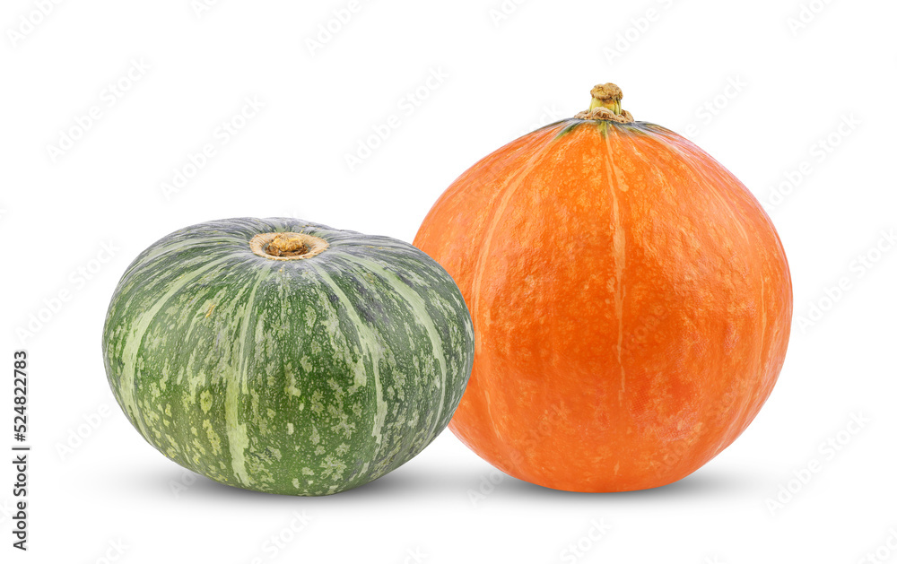 Green and orange pumpkin isolated on white background.