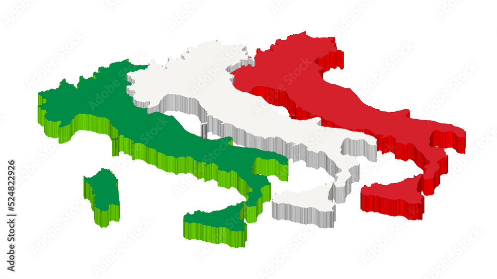 Italy, silhouette of Italy in 3D, with the colors of the flag, graphic illustration of the nation in the correct official colors of the flag and neutral background.