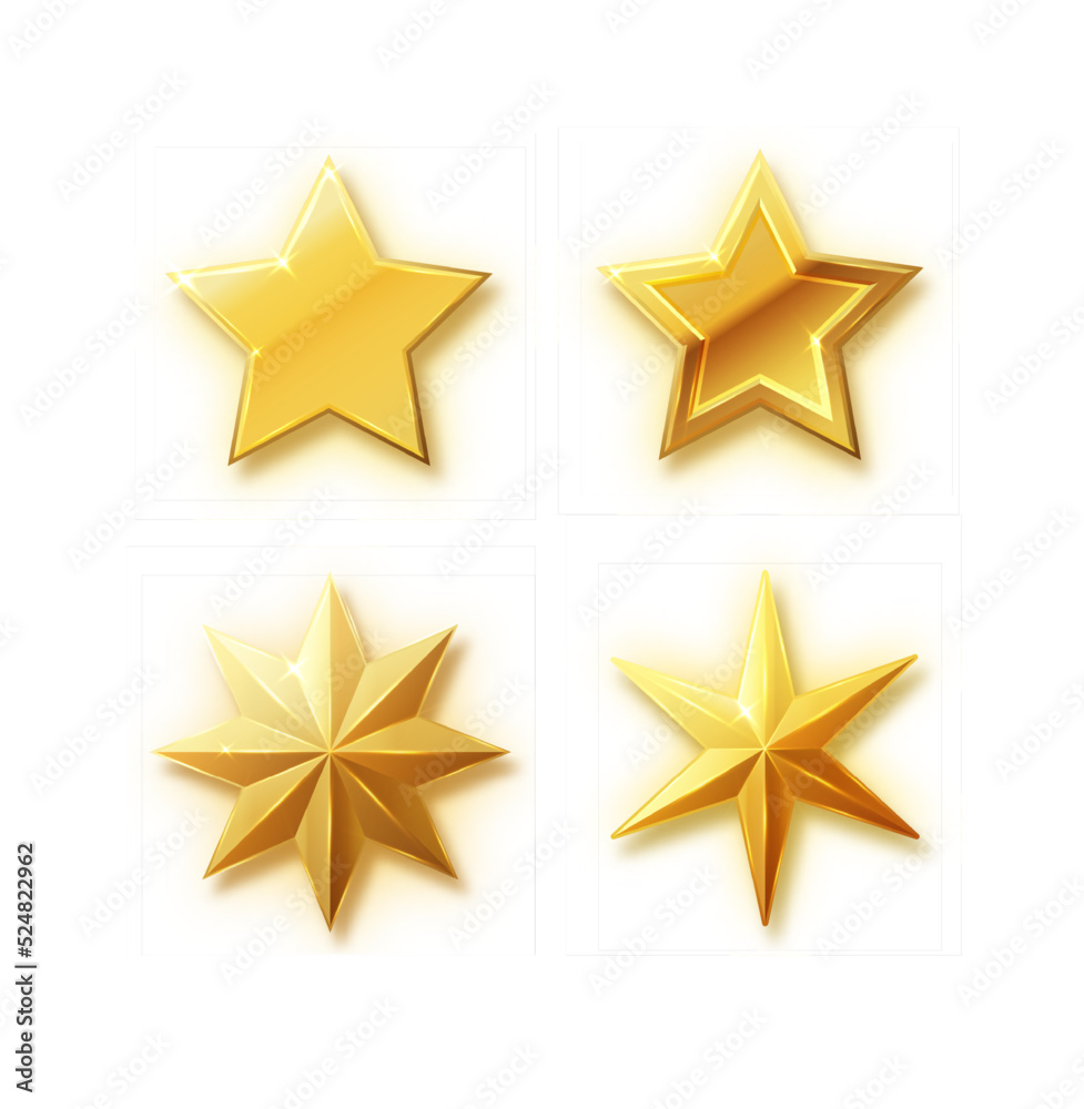 Vector stars set of realistic metallic golden stars isolated on white background. Glossy yellow 3D trophy star icon. Vector stars set of realistic metallic golden stars isolated on white background. Glossy yellow 3D trophy star icon.