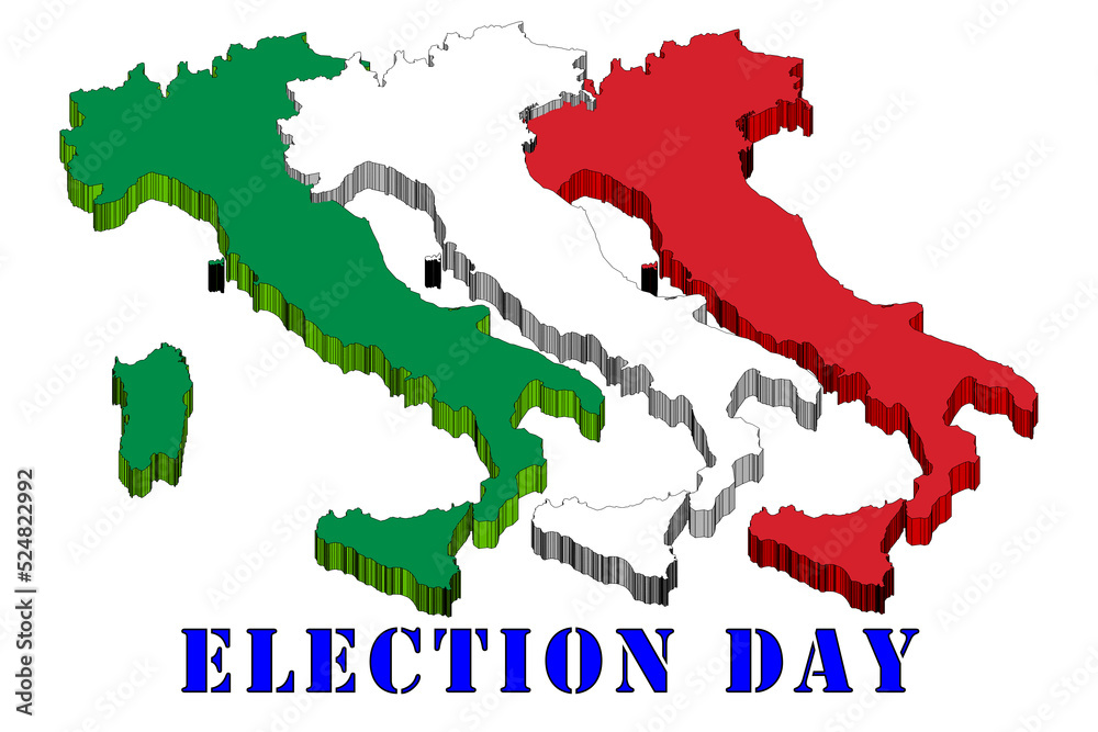 Italy, 3d graphic illustration with three silhouettes of Italy and the colors of the flag, green white red. Under the words 