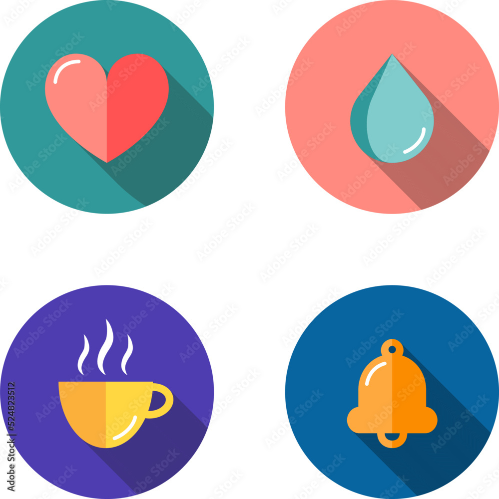 Set of four vector flat icons - heart, drop, cup and bell. Material design with long shadows and highlights. Beautiful colorful round pictograms made in the same style. Scaled without loss of quality. Set of four vector flat icons - heart, drop, cup and bell. Material design with long shadows and highlights. Beautiful colorful round pictograms made in the same style. Scaled without loss of quality.