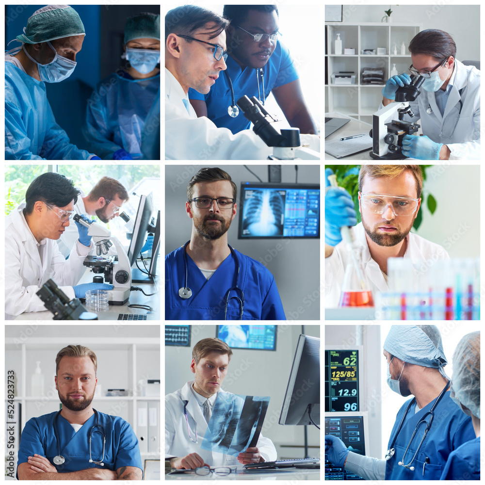 Professional medical doctors working in hospital office, Portrait of young and confident physicians. Set of different images. Professional medical doctors working in hospital office, Portrait of young and confident physicians. Set of different images.