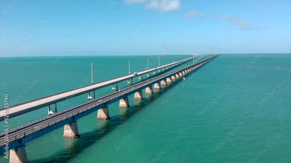 Moving left aerial drone shot of 7 Mile Bridge in Florida Keys Moving left aerial drone shot of 7 Mile Bridge in Florida Keys