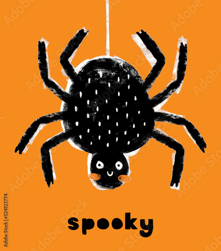 Cute Hand Drawn Kawaii Style Halloween Vector Illustration with Big Black Spider and Handwritten Spooky. FunnyTarantula on an Orange Background. Cool Halloween Print ideal for Card, Poster, Wall Art.